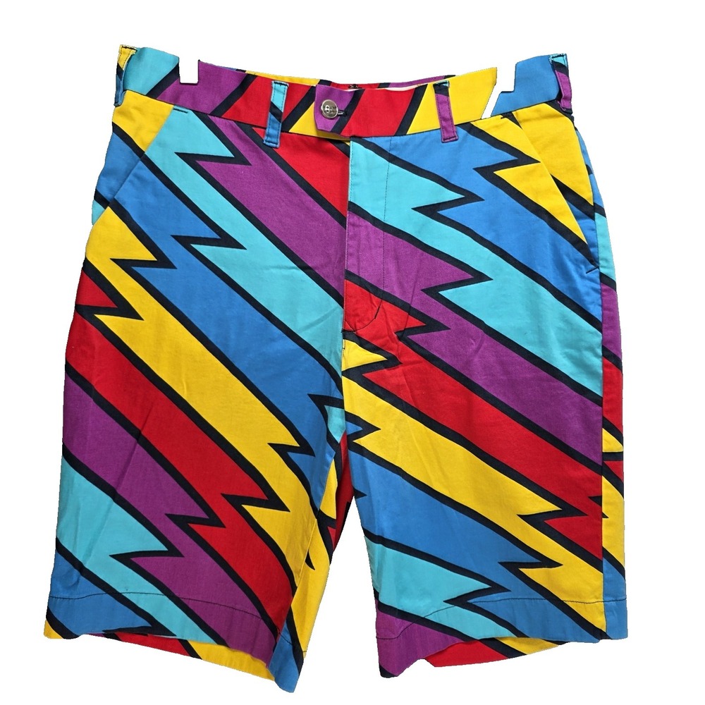 Loudmouth Golf Shorts Mens 34 Preppy Chino Colorful Lightening Bolt Bright Flash